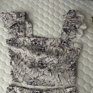 Express Floral Ruffle Sleeve Blouse Purple/Lavender, black and White